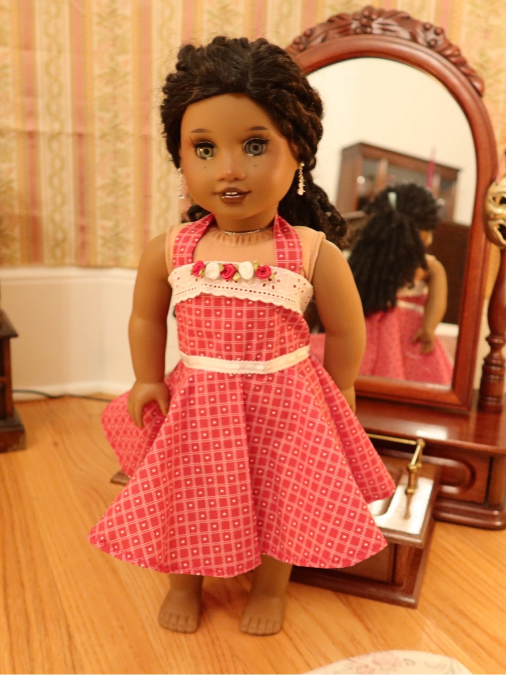 Red 50s Haltered Patterned Halter Dress for 18-Inch Dolls
